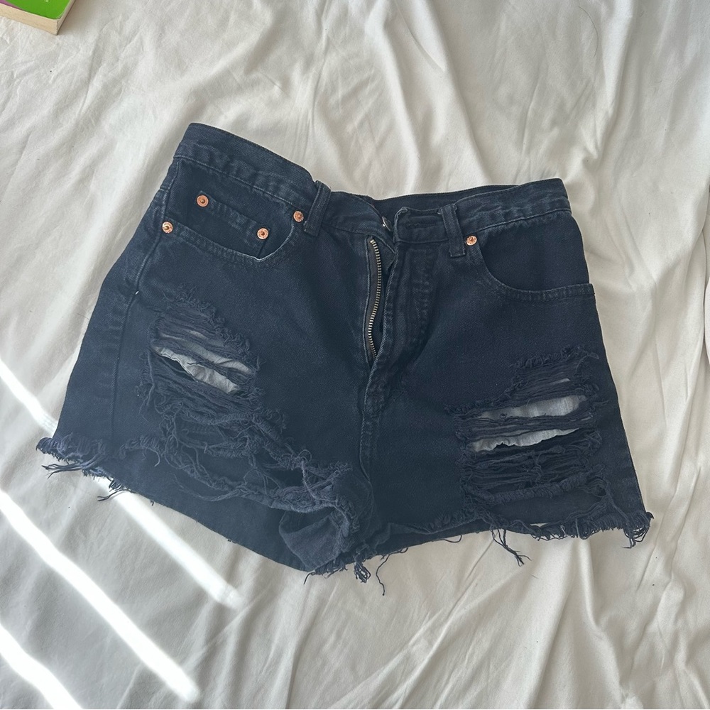Distressed indigo denim shorts